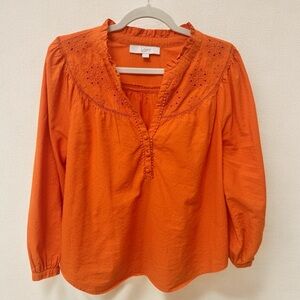 LOFT Orange Embroidered Blouse Swiss Dots Small